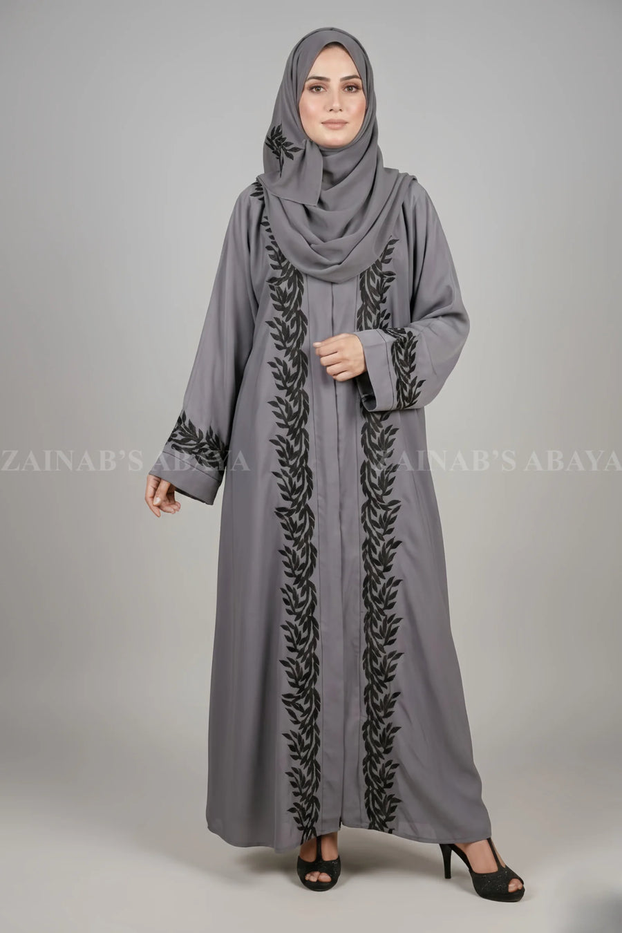 Nida Front Open Gown Abaya with Embroidery Work On Front & Sleeves OL–0815