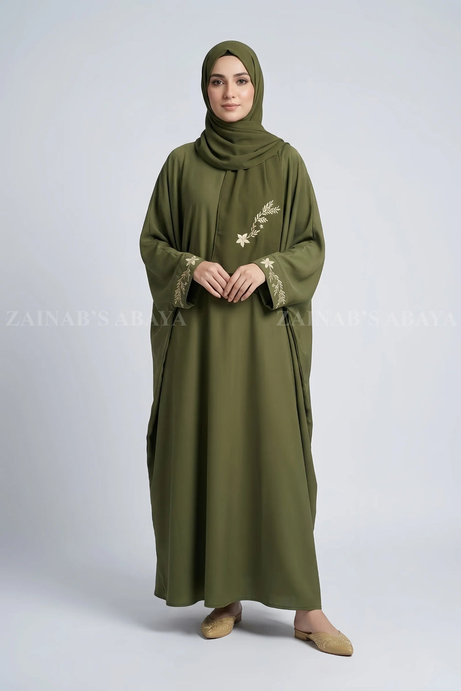 Olive Green Caftan Abaya with Cuff Embroidery OL- 1213
