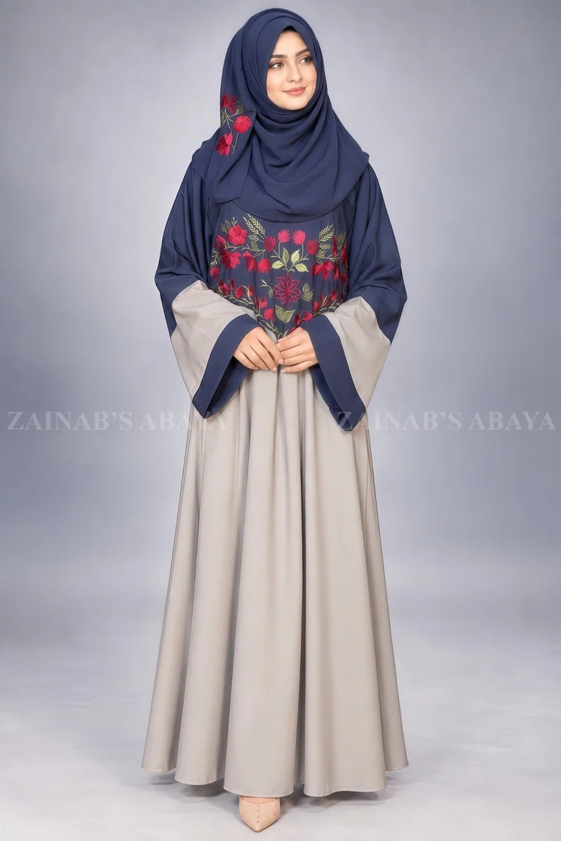 Navy & Grey Maxi Abaya with Floral Embroidery OL-1104 full product view | Zainab Designer Abaya