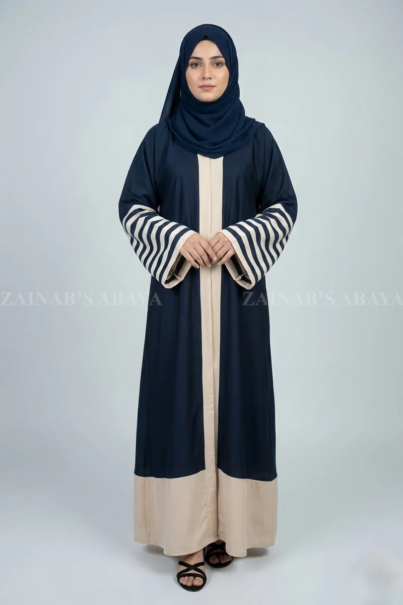 Nida Color Front Open Gown Abaya With Eight Strips On Sleeves – 0754 Navy product view 1 | Zainab Designer Abaya