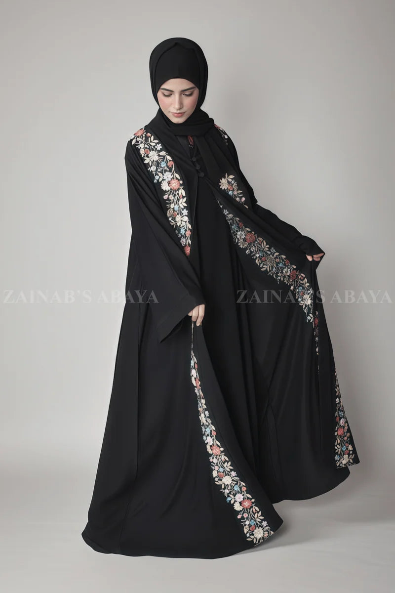 Nida Front Open Abaya with Inner Maxi Embroidery on Front OL-1106 full product view | Zainab Designer Abaya