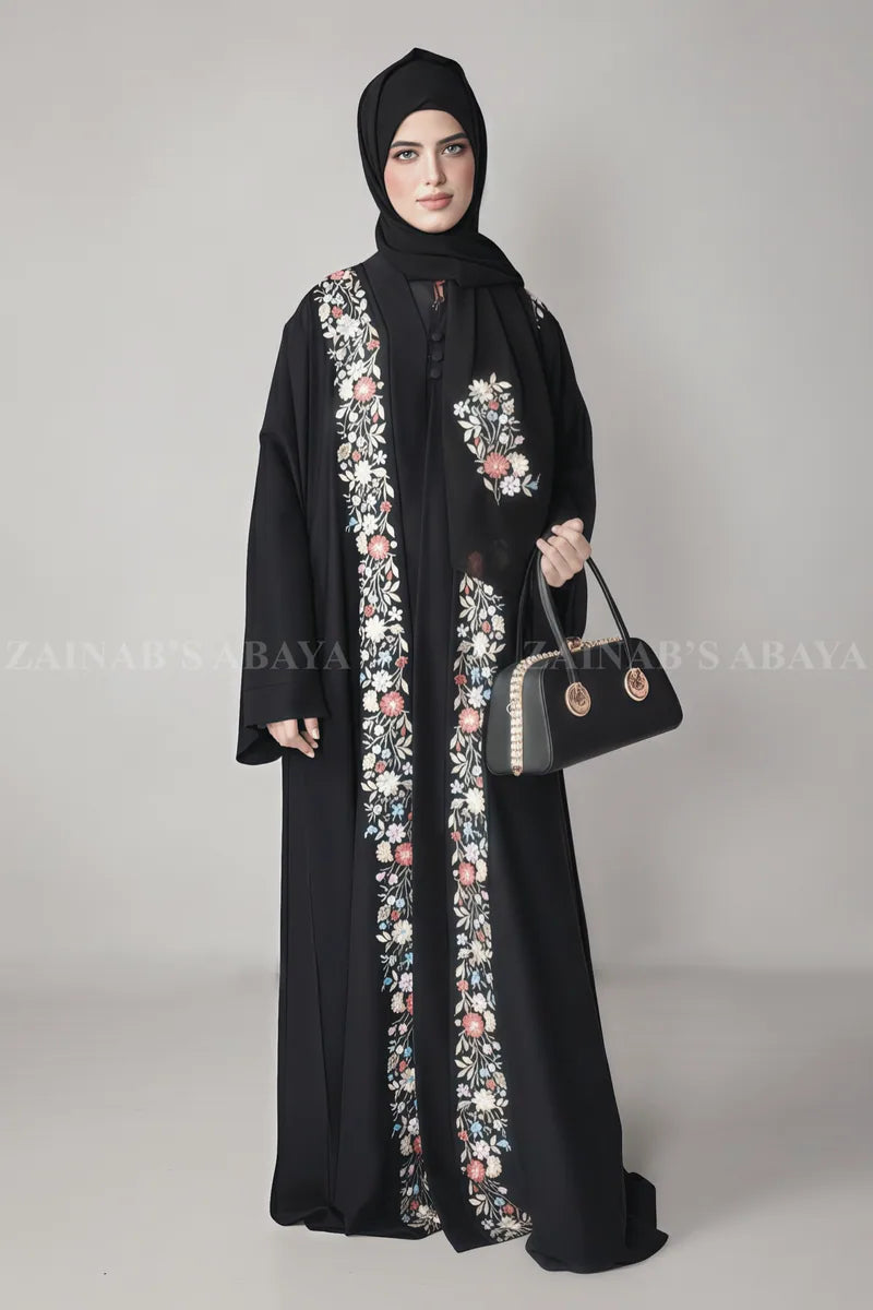 Nida Front Open Abaya with Inner Maxi Embroidery on Front OL-1106 additional product view 2 | Zainab Designer Abaya