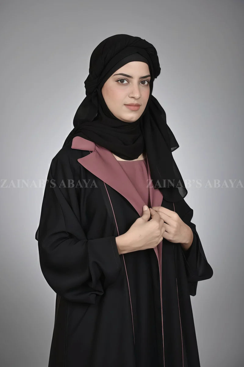 Nida Coat Style Abaya With Piping on Front OL-1125 – Black – front product view | Zainab Designer Abaya