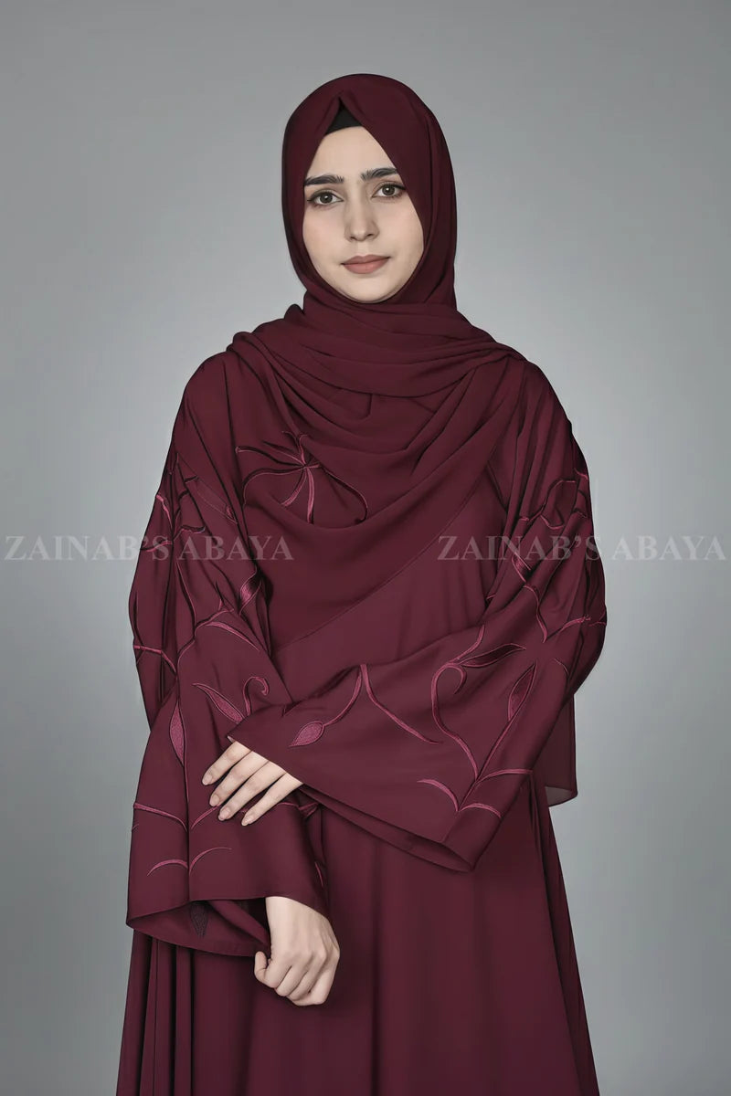Maroon Color Umbrella Abaya with Embroidered Sleeves OL-1142 full product view | Zainab Designer Abaya