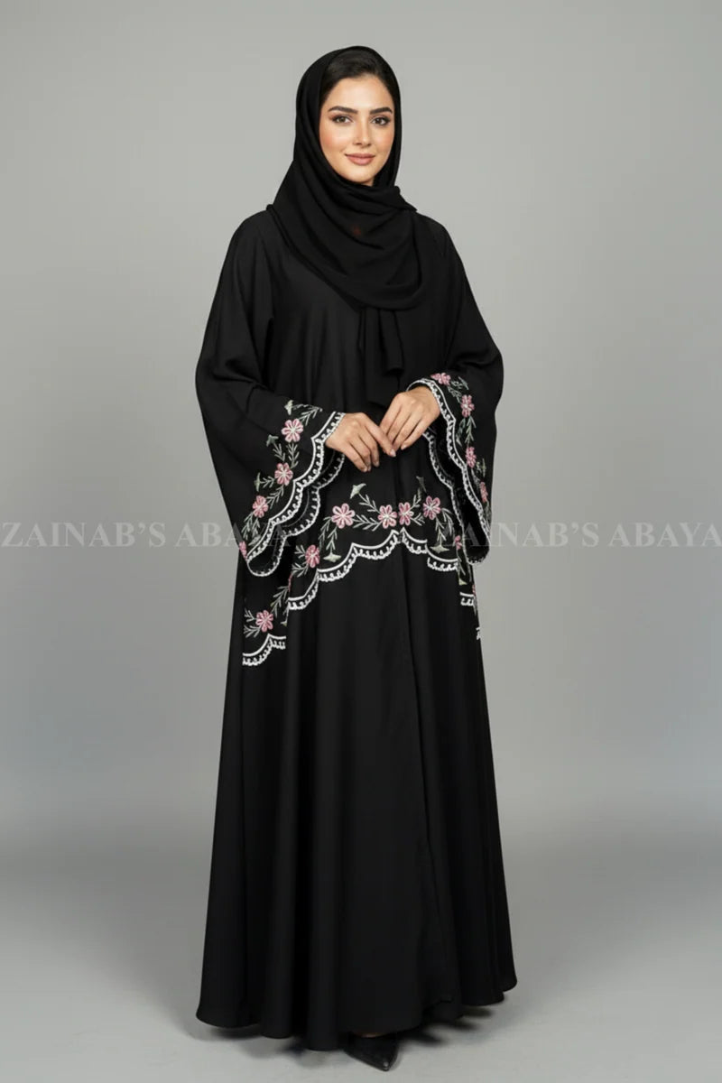 Black Double Gown Abaya with Embroidery OL-1151 full product view | Zainab Designer Abaya