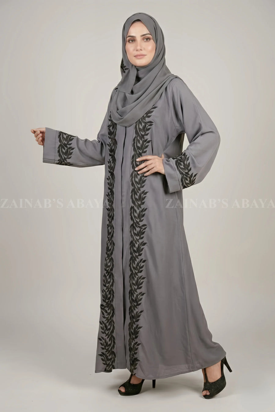 Nida Front Open Gown Abaya with Embroidery Work On Front & Sleeves OL–0815