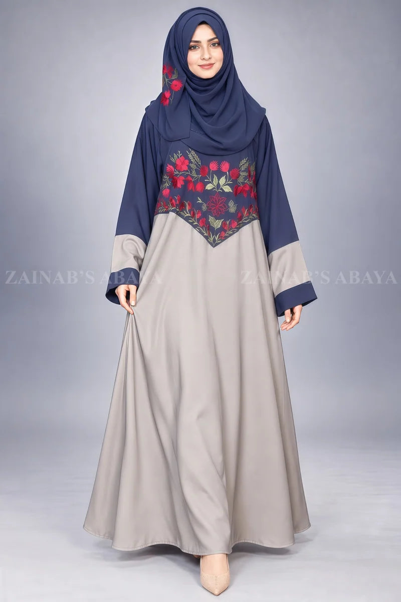 Navy & Grey Maxi Abaya with Floral Embroidery OL-1104 additional product view 2 | Zainab Designer Abaya