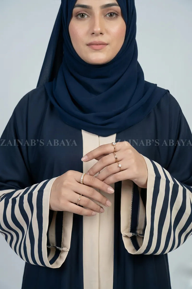 Nida Color Front Open Gown Abaya With Eight Strips On Sleeves – 0754 Navy product view 2 | Zainab Designer Abaya
