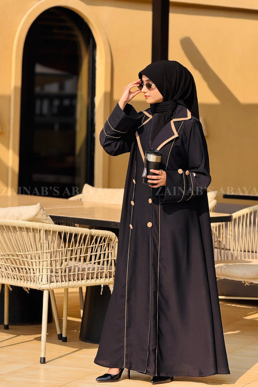 Wool Coat Style Abaya With Chiffon Staller – 0800 – Dark Grey – additional product view | Zainab Designer Abaya
