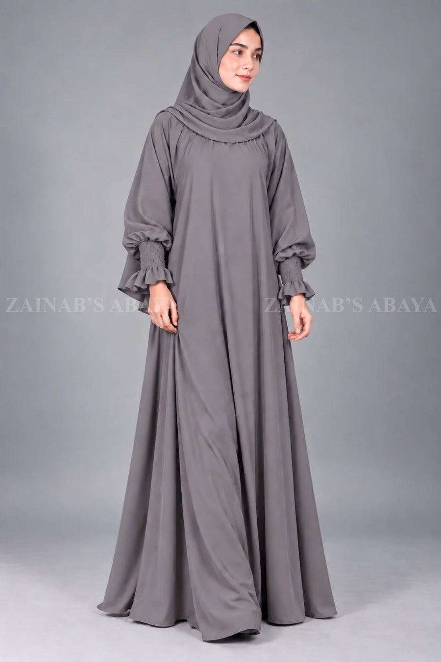 Dark Grey Maxi Abaya with Elastic Style Sleeves OL-1212