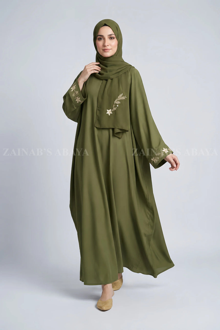 Olive Green Caftan Abaya with Cuff Embroidery OL- 1213