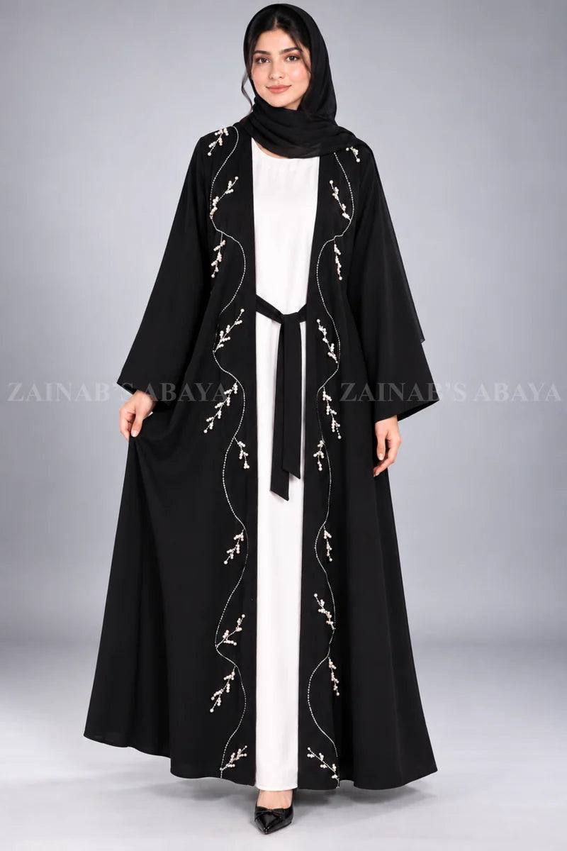 Black & White Gown Abaya with Pearl and Stonework Borders OL-1208 full product view | Zainab Designer Abaya
