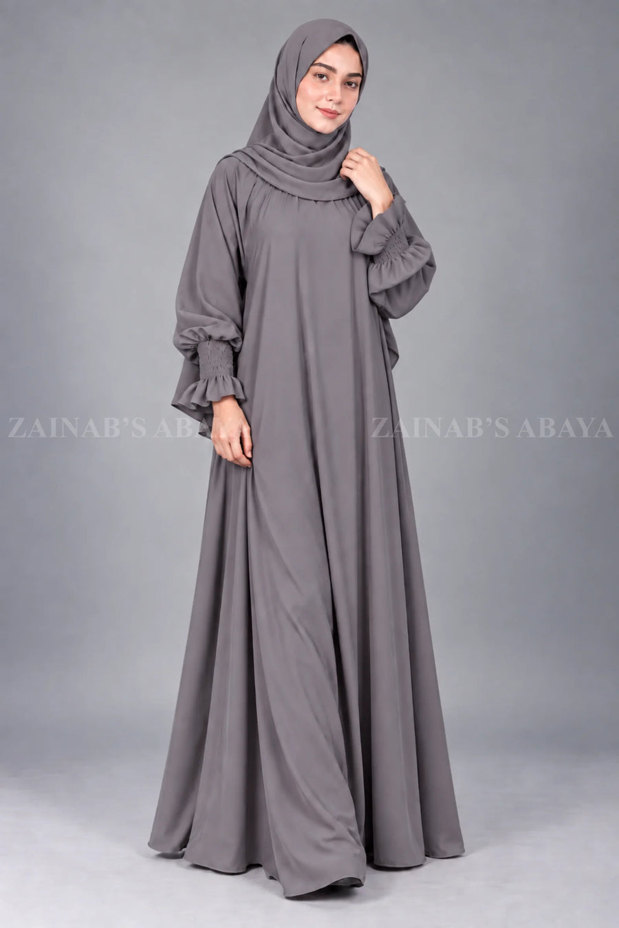 Dark Grey Maxi Abaya with Elastic Style Sleeves OL-1212