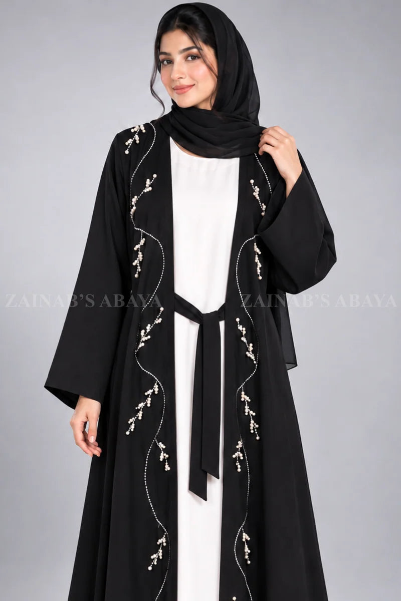 Black & White Gown Abaya with Pearl and Stonework Borders OL-1208 additional product view 2 | Zainab Designer Abaya