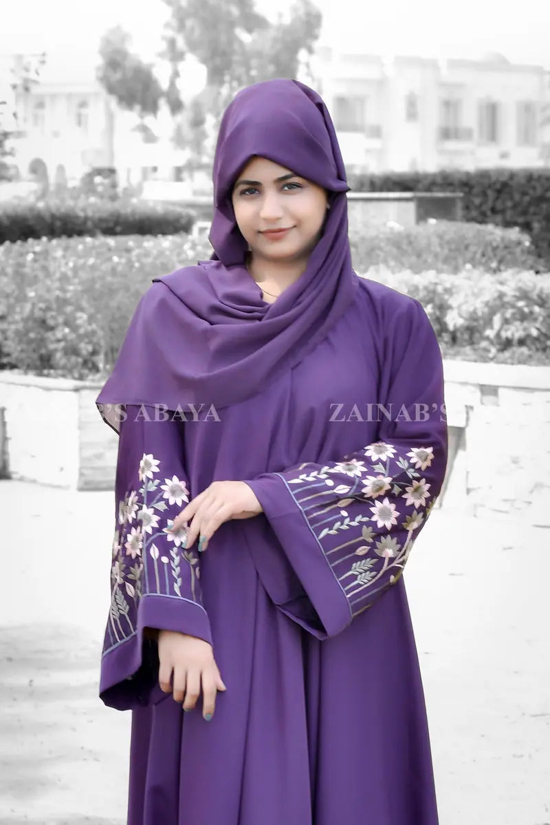Nida Umbrella Abaya with Embroidery at Sleeves and Back OL-0905 full product view | Zainab Designer Abaya