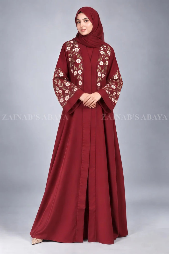 Red Front Open Abaya with Floral Vine Embroidery OL-0261 – product view 1 | Zainab Designer Abaya