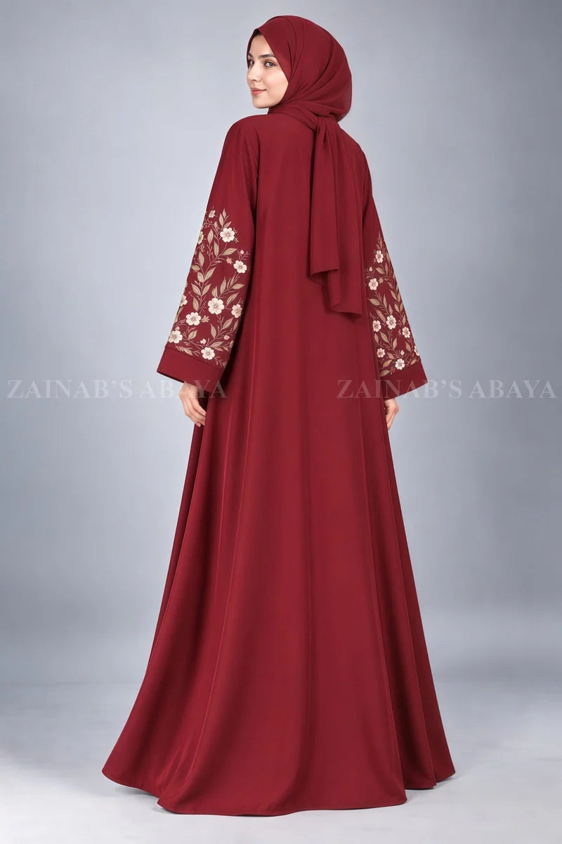 Red Front Open Abaya with Floral Vine Embroidery OL-0261 – product view 2 | Zainab Designer Abaya