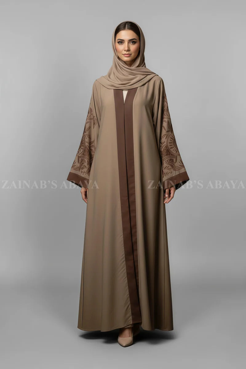 New Front Open Abaya with Embroidery Style On Front And Back – 0261 Light Brown product view 4 | Zainab Designer Abaya