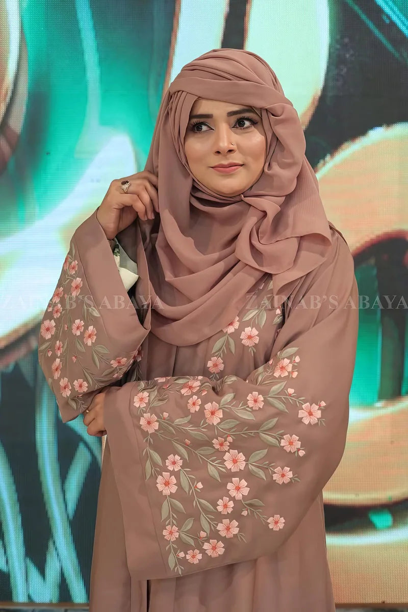 New Front Open Abaya with Embroidery Style On Front And Back – 0261 Light Brown product view 5 | Zainab Designer Abaya