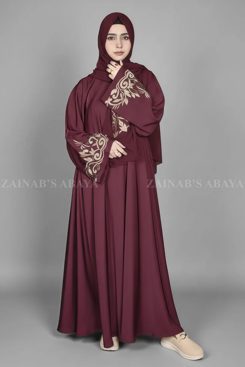 Maroon Color Umbrella Abaya with Embroidered Sleeves OL-1138 full product view | Zainab Designer Abaya
