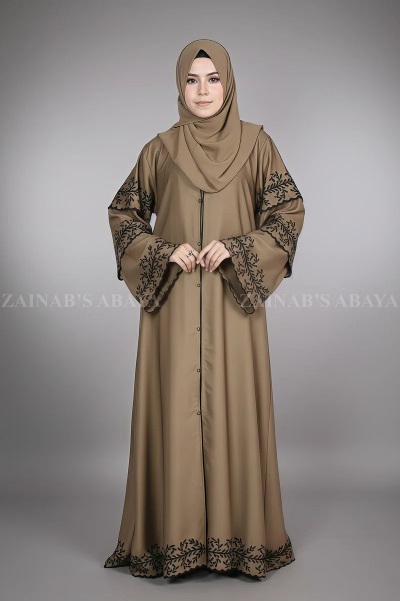 New Front Open Abaya with Embroidery Style On Front And Back – 0261 Light Brown product view 9 | Zainab Designer Abaya