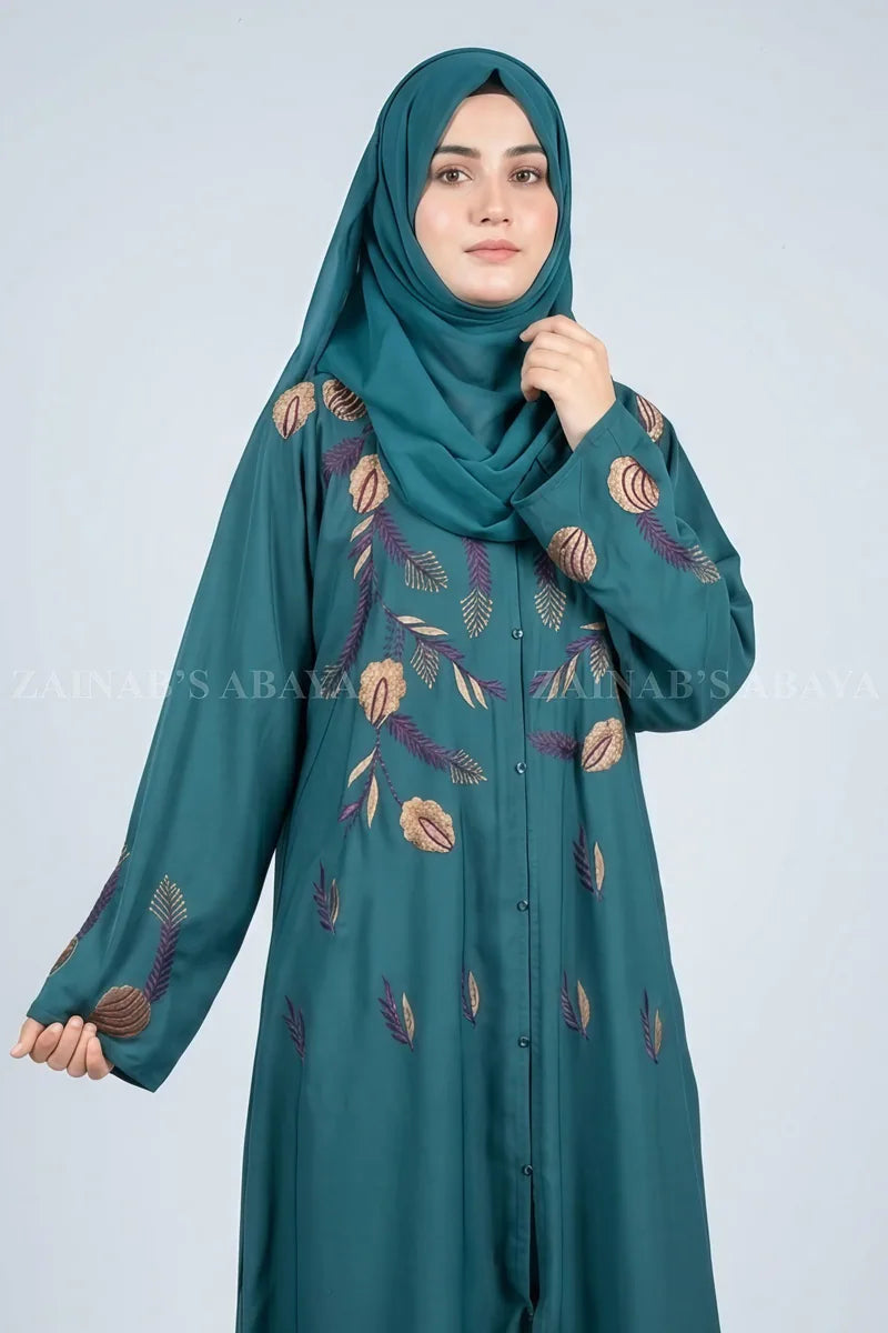 Nida Front Open Gown Abaya with Embroidery On Front & Cuffs – 0818 Zinc product view 1 | Zainab Designer Abaya