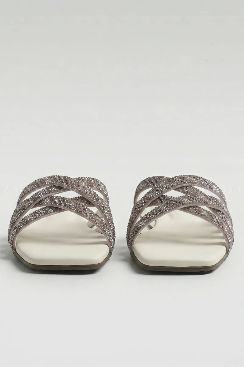Glam Strap Flat Slippers for Women Z-114 – Cream front product view | Zainab Designer Abaya