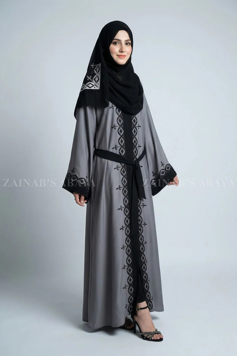 Nida Color Front Open Gown Abaya with Embroidery Work On Front & Sleeves – 0794 Light Grey product view 2 | Zainab Designer Abaya
