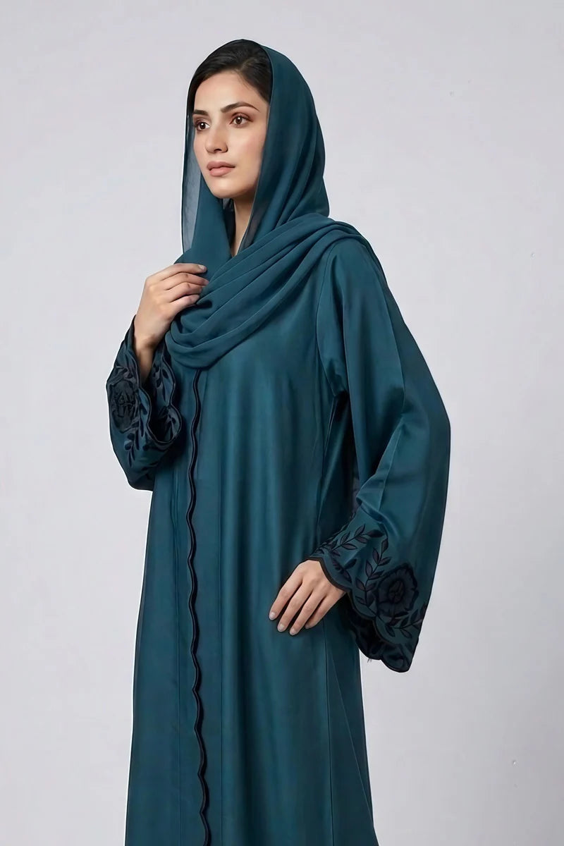 Nida Color Front Open Gown Abaya Embroidery Work On Cuff – 0793 Zinc product view 1 | Zainab Designer Abaya