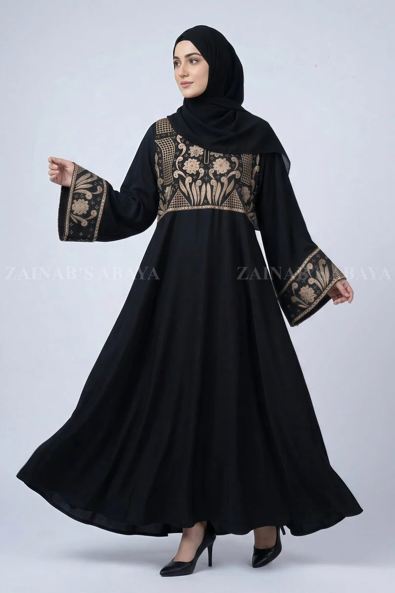 Black Embroidered Umbrella Abaya in Nida Korean Fabric OL-0802