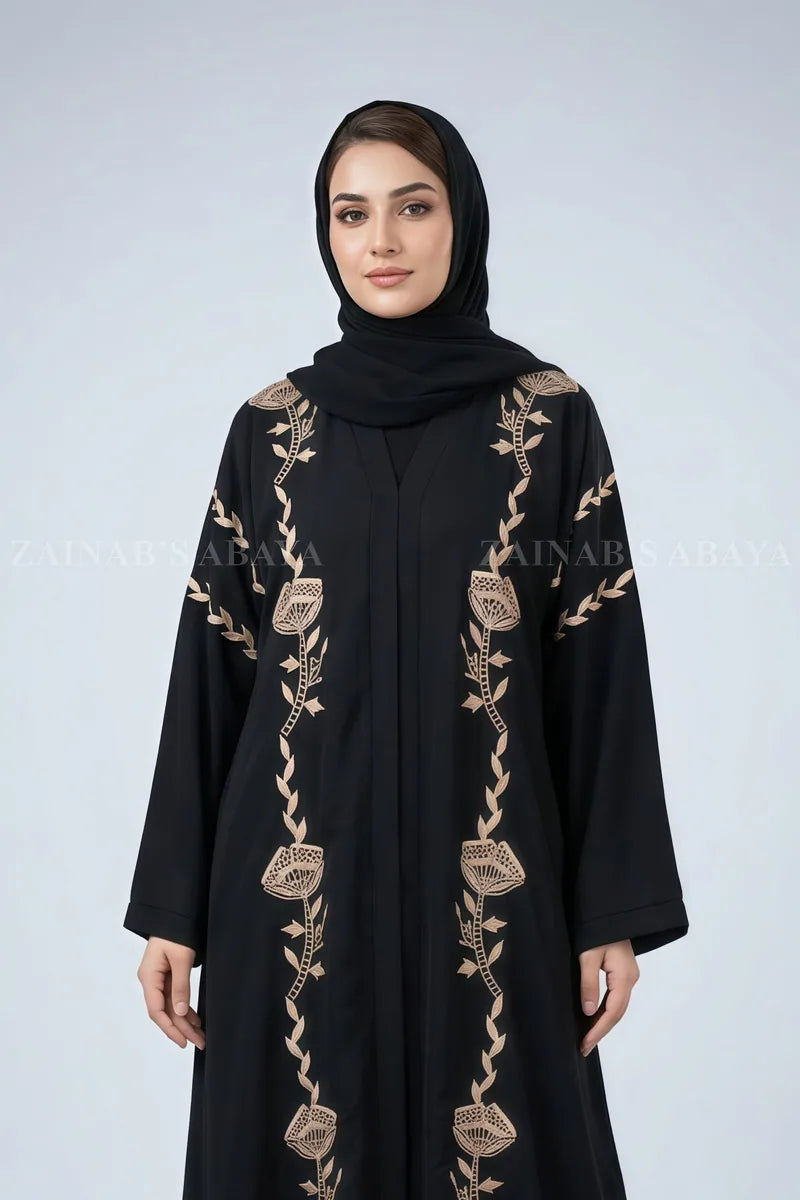 Nida Front Open Abaya Embroidery On Full Front ٔ& Shoulders – 0833 Black product view 2 | Zainab Designer Abaya