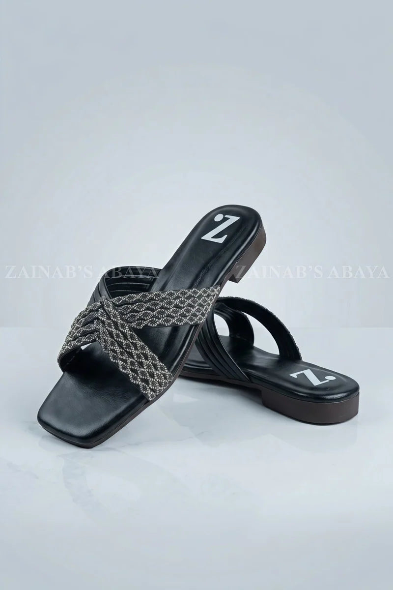 Black Crystal Cross Flats Slipper Z-120 – Black additional view 2 | Zainab Designer Abaya