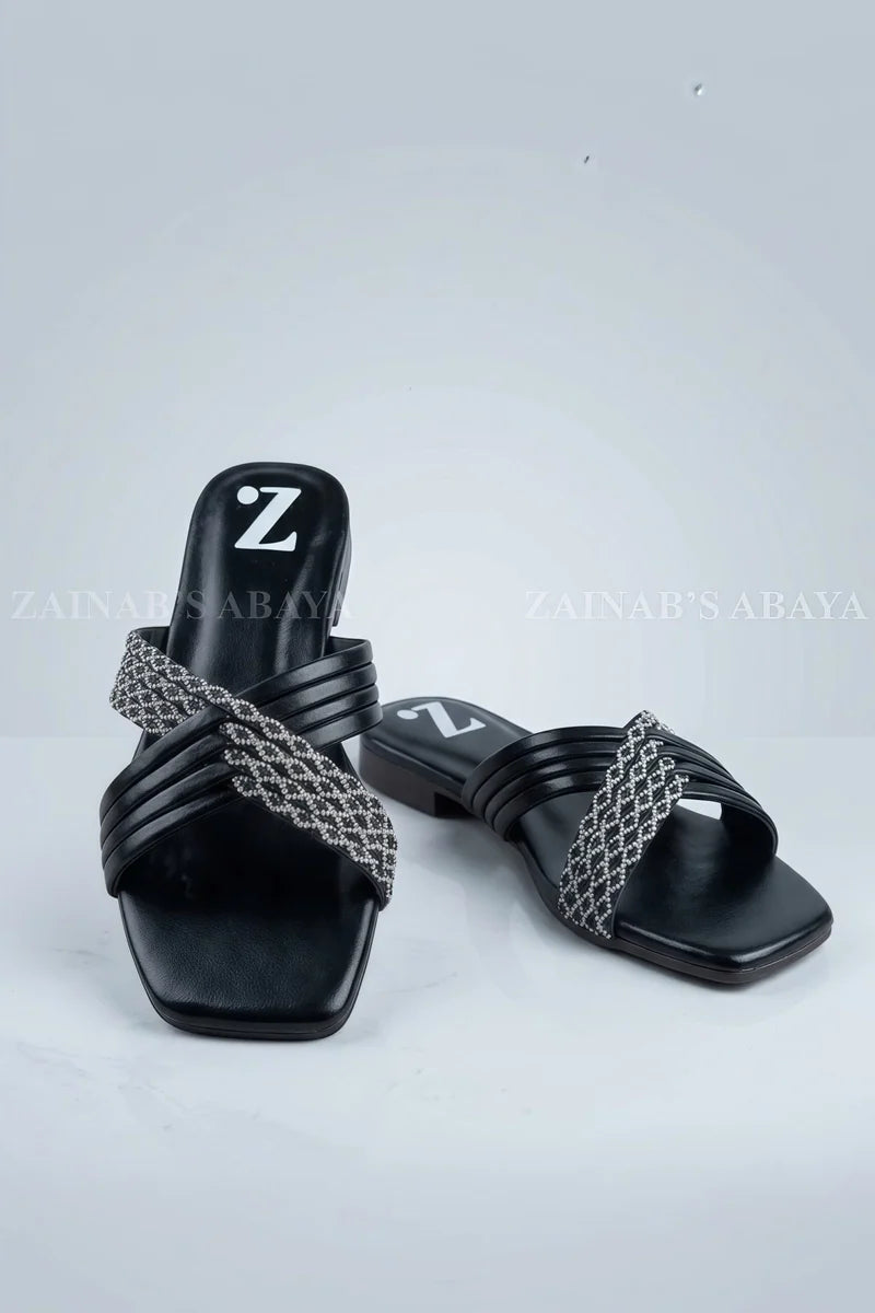 Black Crystal Cross Flats Slipper Z-120 – Black additional view 3 | Zainab Designer Abaya