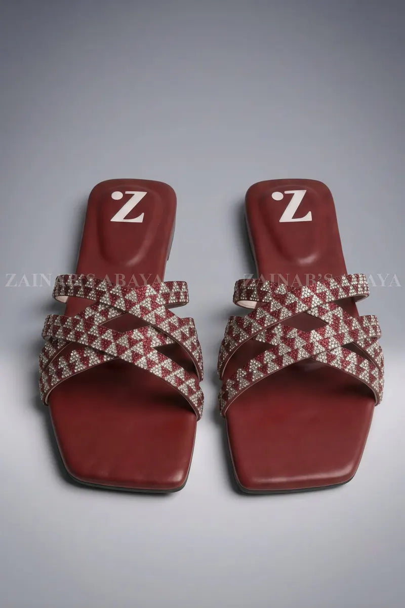 Red Multi Strap Crystal Flat Slippers Z-121 – Red additional view 2 | Zainab Designer Abaya
