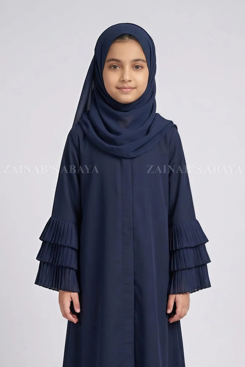 Kids Navy Front Open Abaya with Pleated Layers J 123 – Navy – product view 2 | Zainab Designer Abaya