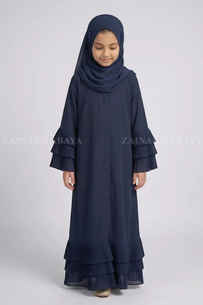 Kids Navy Front Open Abaya with Pleated Layers J 123 – Navy – product view 3 | Zainab Designer Abaya