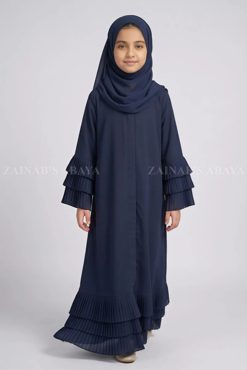 Kids Navy Front Open Abaya with Pleated Layers J 123 – Navy – product view 4 | Zainab Designer Abaya