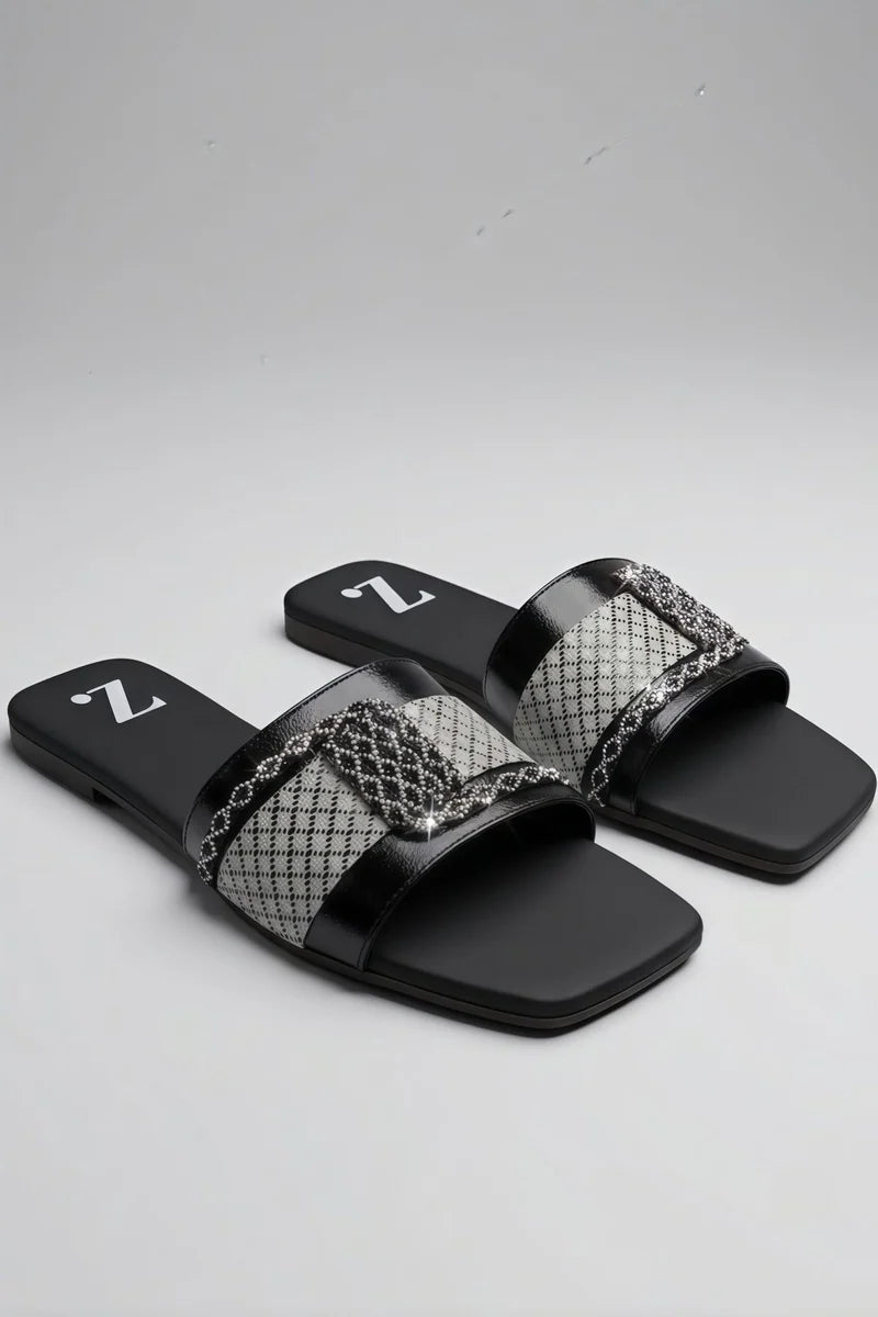 Crystal Weave Panel Slides for Women Z-122 – Black front product view | Zainab Designer Abaya