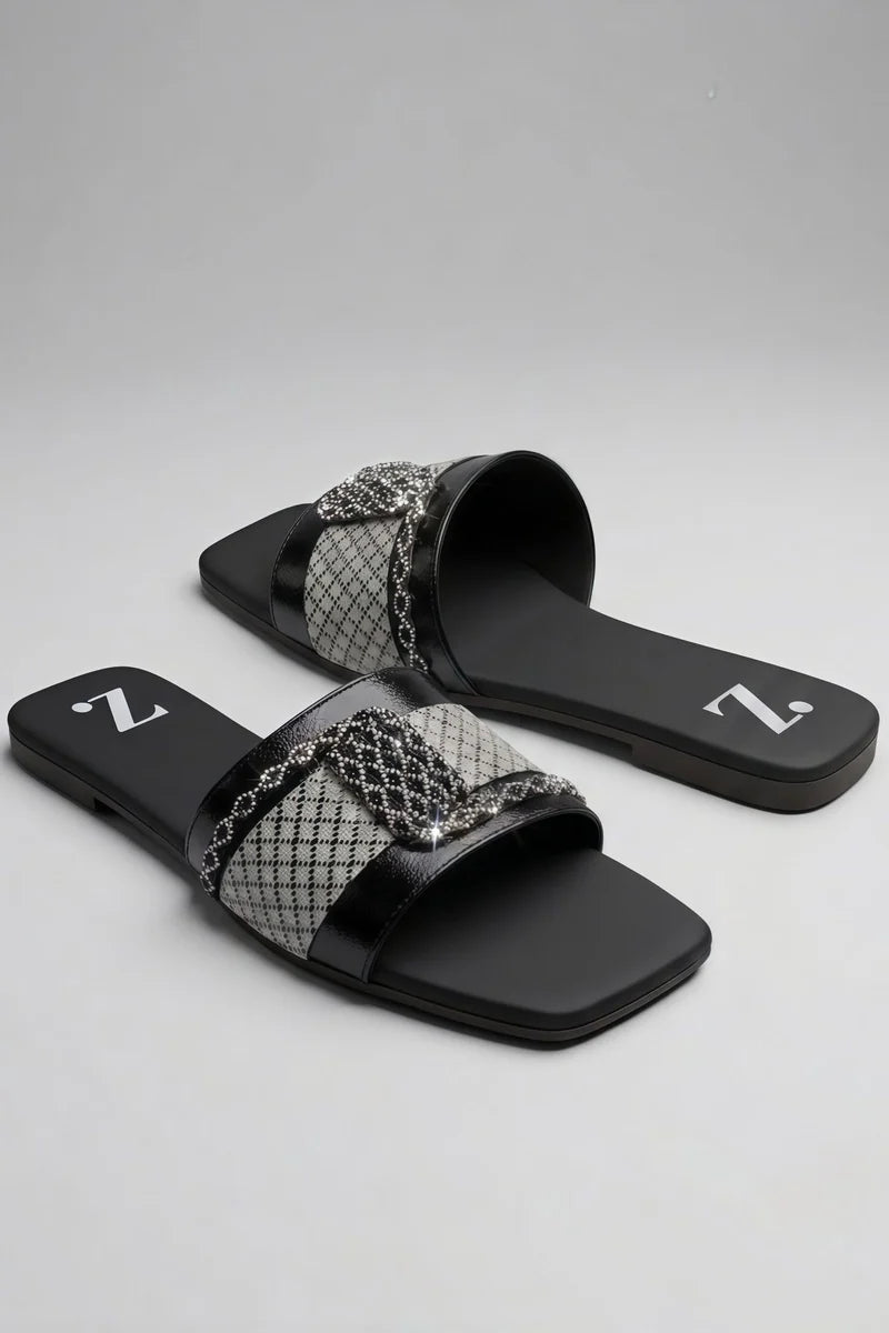 Crystal Weave Panel Slides for Women Z-122 – Black additional view 3 | Zainab Designer Abaya