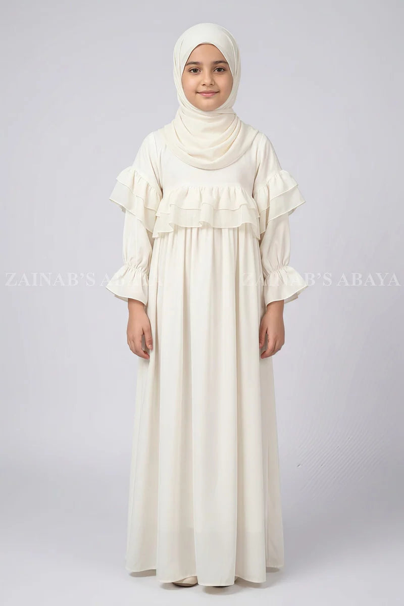 White Layered Frill Kids Maxi Abaya J 122 – Off White – product view 1 | Zainab Designer Abaya
