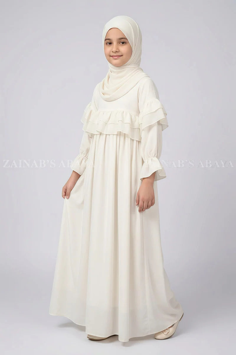 White Layered Frill Kids Maxi Abaya J 122 – Off White – product view 2 | Zainab Designer Abaya