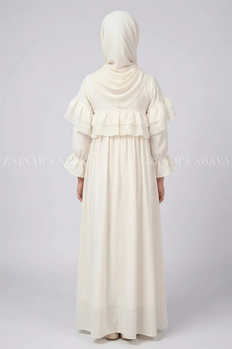 White Layered Frill Kids Maxi Abaya J 122 – Off White – product view 3 | Zainab Designer Abaya