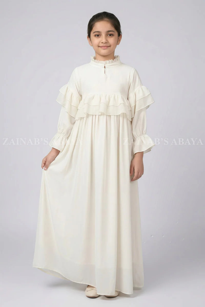 White Layered Frill Kids Maxi Abaya J 122 – Off White – product view 4 | Zainab Designer Abaya