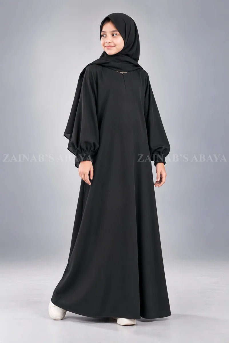 Black Maxi Abaya for Kids with Elastic Sleeves OL-935 – Black – product view 1 | Zainab Designer Abaya