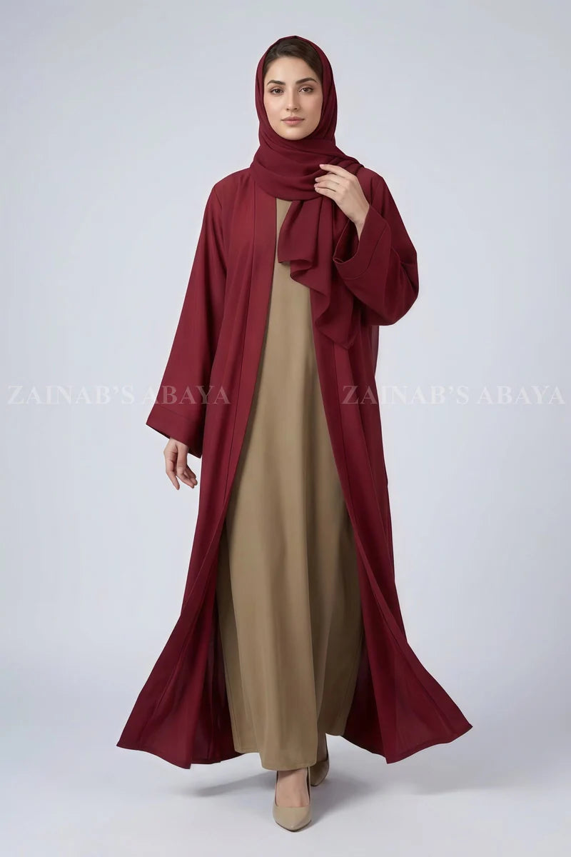 Red Double Gown Abaya in Nida Fabric OL-0884 full product view | Zainab Designer Abaya