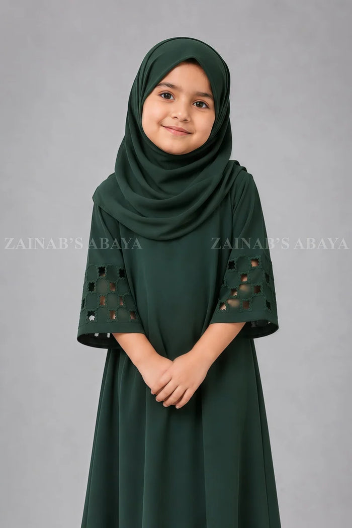 Kids Maxi Abaya with Embroidered & Cutwork Sleeve J 128 – Green – product view 1 | Zainab Designer Abaya