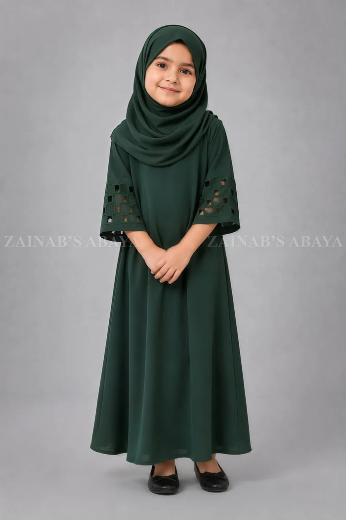 Kids Maxi Abaya with Embroidered & Cutwork Sleeve J 128 – Green – product view 2 | Zainab Designer Abaya