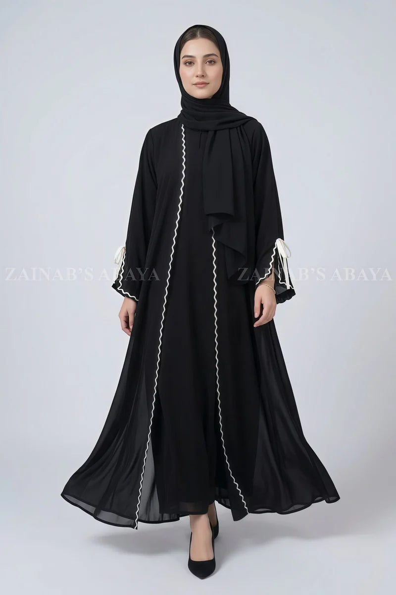 Black Double Gown Abaya with ZigZag Embroidery OL-1197 full product view | Zainab Designer Abaya