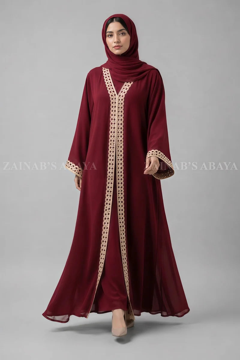 Nida Double Gown Abaya with Embroidery Cut Work OL-1102 full product view | Zainab Designer Abaya