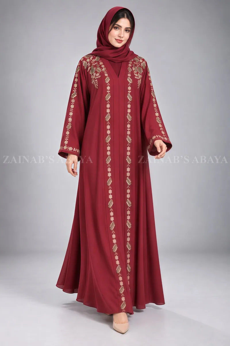 Nida Front Open Gown Abaya , Scroll Embroidery on Back ,front And Sleeves OL-0918 full product view | Zainab Designer Abaya